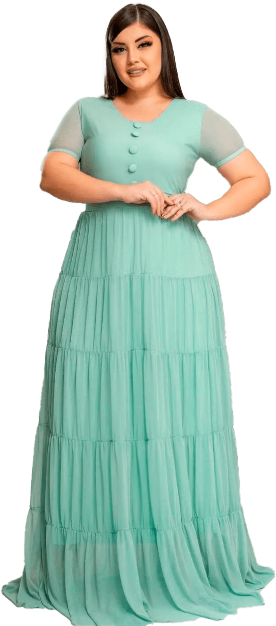 Vestido Longo Feminino Forrado Tule Slim Plus Size