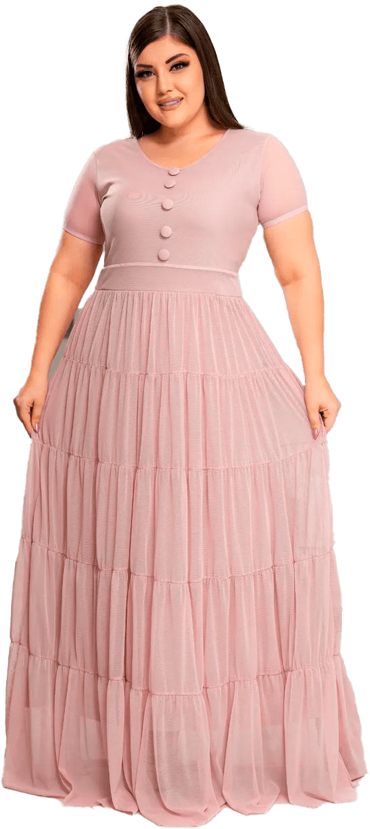 Vestido Longo Feminino Forrado Tule Slim Plus Size