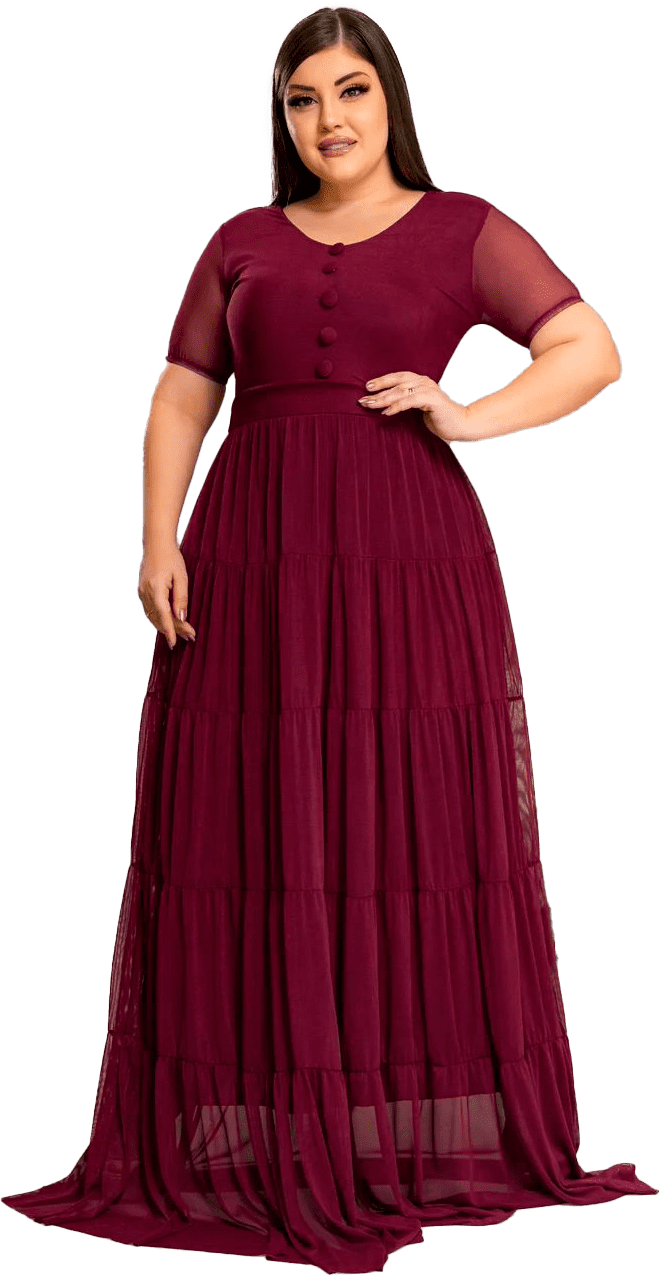 Vestido Longo Feminino Forrado Tule Slim Plus Size